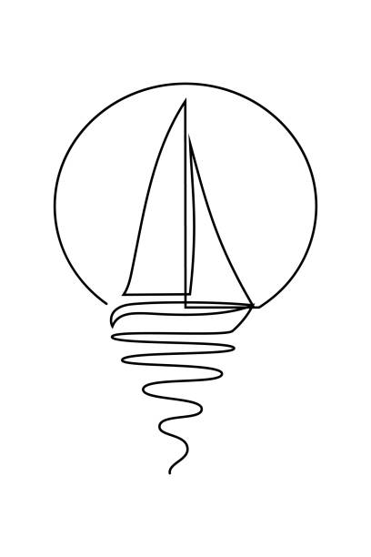 Sailboat against sunset Sailboat in continuous line art drawing style. Sloop sailing boat in calm water against sunset minimalist black linear design isolated on white background. Vector illustration calm water stock illustrations