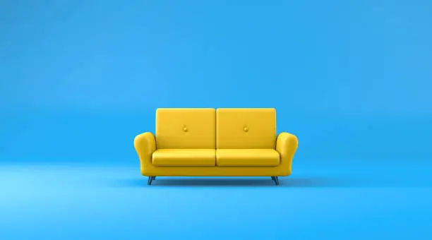 3d rendering, Empty modern and minimalist yellow sofa on blue background.