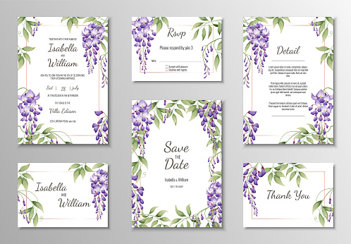 Set of wedding templates, banners, invitations for the holiday.Beautiful postcard decor with purple wisteria