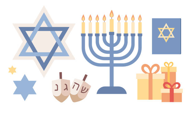 ilustrações, clipart, desenhos animados e ícones de conjunto de ícones hanukkah. coleção símbolos hanukkah. ilustração plana vetorial - hanukkah