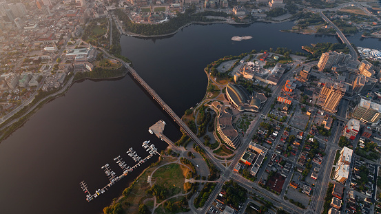 Aerial view of city of Gatineau and Ottawa on the banks of Ottawa River during sunrise in Canada.