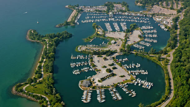 Aerial view of boats moored on Bluffer's Park Marina on Lake Ontario in Toronto, Ontario, Canada.