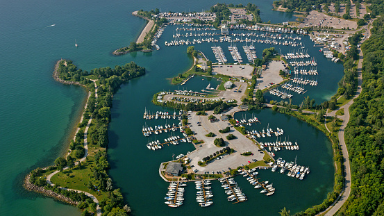 Aerial view of boats moored on Bluffer's Park Marina on Lake Ontario in Toronto, Ontario, Canada.
