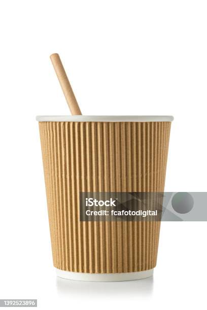 Close Up Of A Disposable Coffee Cup On White Stock Photo - Download Image Now - Biodegradable, Drinking Straw, Paper Straw