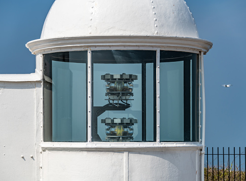 Modern lighthouse lamp element close up detail. Berry Head Lighthouse Devon.