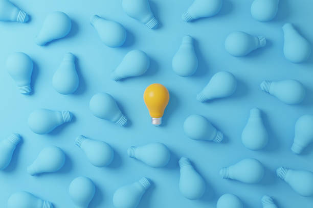 istock Pattern light bulb yellow outstanding among lightbulb group. Concept of creative idea and innovation, Unique, Think different, Individual and standing out from the crowd. 3d render illustration 1392524608