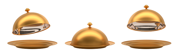 Gold tray with closed and open cloche in different angle view. Realistic set of empty golden plates with dome lids for serving hot food in restaurant, isolated on white background, 3d render mockup.