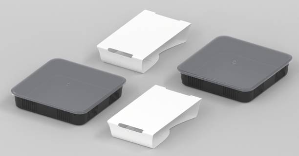 istock Black plastic disposable food containers and cardboard labels, angle view. Realistic mockup square sushi delivery box with transparent lid and empty white paper wrap, meal lunch take away, 3d render 1392529814