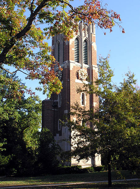 Syracuse University Campus during winter, New York. Snow-covered trees with Romanesque Revival architecture building in the background.