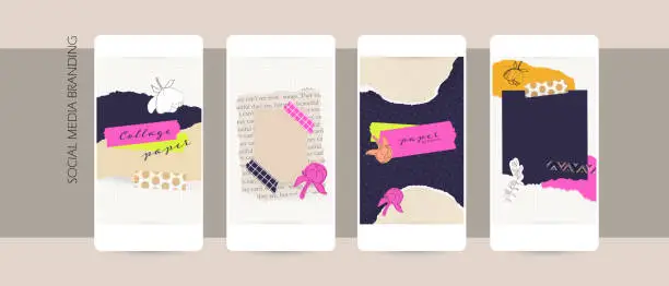Vector illustration of Instagram social media story post template. abstract spring summer background layout in pink yellow color. vector mockup in torn paper collage style for beauty, fashion, wedding content