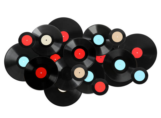 istock Black vintage vinyl records on white background, top view 1392531140