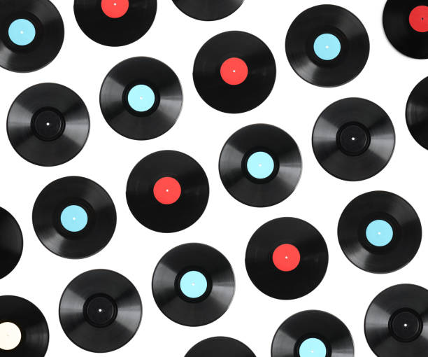 istock Black vintage vinyl records on white background, top view 1392531147