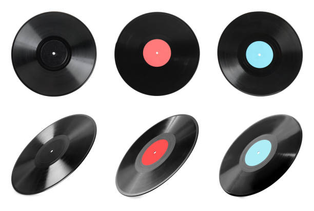 istock Black vintage vinyl records on white background 1392531148
