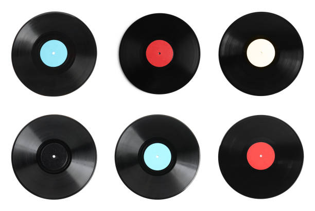istock Black vintage vinyl records on white background, top view 1392531171
