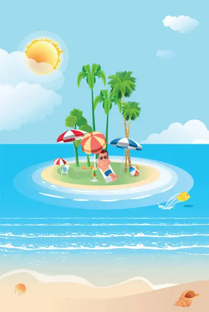 Vector illustration of Tropical island and a happy tourist