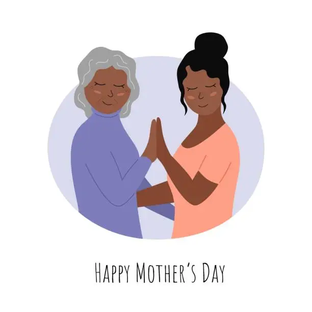 Vector illustration of Mothers Day celebration. Happy elderly african american woman and smiling adult daughter together. Greeting card. Vector flat illustration for Mothers day