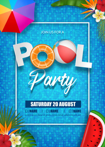 ilustrações de stock, clip art, desenhos animados e ícones de summer pool party poster with inflatables, tropical leaves and beach umbrella on water background - swimming pool party summer beach ball