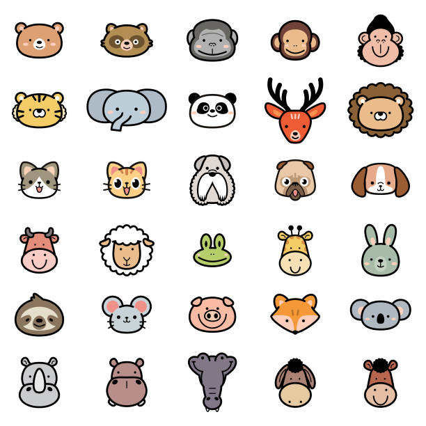 bildbanksillustrationer, clip art samt tecknat material och ikoner med cute animals icon set in color pastel tones - djurhuvud
