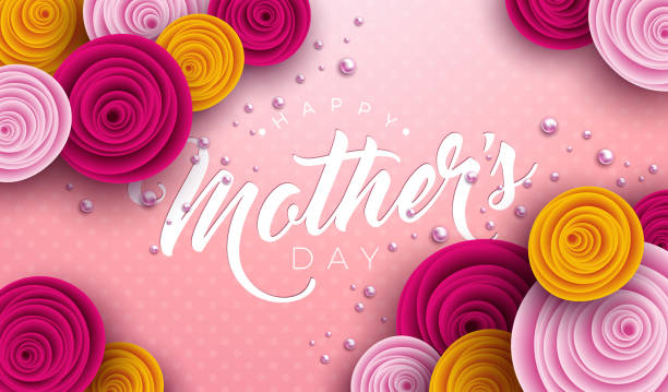 happy mother's day illustration mit rosenblume, perle und typografie brief auf rosa hintergrund. vector celebration design vorlage für grußkarte, banner, flyer, einladung, broschüre, poster. - mother of pearl stock-grafiken, -clipart, -cartoons und -symbole