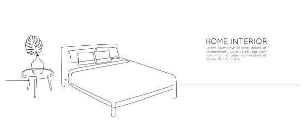 Continuous one line drawing of bed and table with vase with monstera leaf. Scandinavian stylish furniture for sleep bedroom in simple Linear style. Editable stroke. Doodle vector illustration Continuous one line drawing of bed and table with vase with monstera leaf. Scandinavian stylish furniture for sleep bedroom in simple Linear style. Editable stroke. Doodle vector illustration. drawing of mattress stock illustrations
