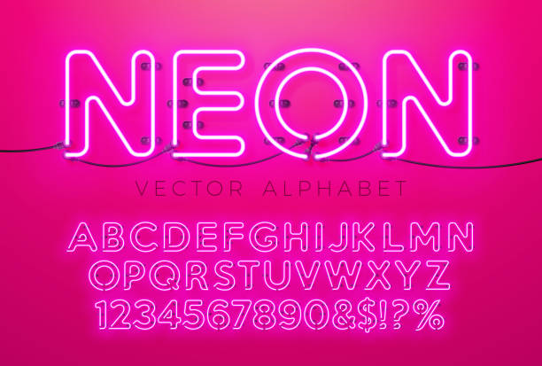 Bright Neon Light Alphabet on Red Background. Vector Letter, Number and Symbol with Shiny Glow Effect Separated Characters. Font Design Set for Your Text, Decoration, Banner, Flyer or Party Poster. vector art illustration