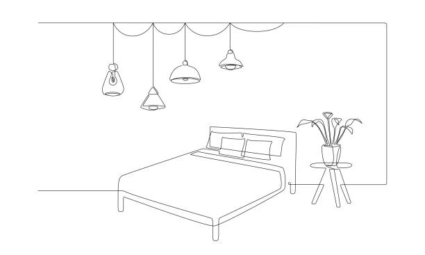Continuous one line drawing of double bed and table with potted plant and hanging loft lamps. Scandinavian home furniture for sleep bedroom in simple linear style. Doodle Vector illustration Continuous one line drawing of double bed and table with potted plant and hanging loft lamps. Scandinavian home furniture for sleep bedroom in simple linear style. Doodle Vector illustration. ceiling illustrations stock illustrations