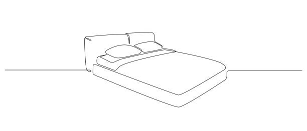 베개가있는 더블 침대의 연속 한 줄 그리기. 간단한 선형 스타일의 수면 침실을위한 스칸디나비아 세련된 가구. 편집 가능한 스트로크. 낙서 벡터 일러스트 레이 션 - household item stock illustrations