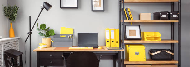 istock Panoramic view of the office workplace in modern style 1392542855