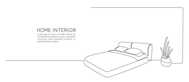 Continuous one line drawing of double bed and potted flor plant. Scandinavian stylish furniture for sleep bedroom in simple Linear style. Editable stroke. Doodle vector illustration Continuous one line drawing of double bed and potted flor plant. Scandinavian stylish furniture for sleep bedroom in simple Linear style. Editable stroke. Doodle vector illustration. bedroom drawings stock illustrations