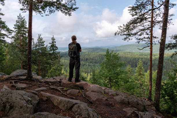 istock Man with backpack looking at scenic landscape from viewpoint in Finland 1392543691