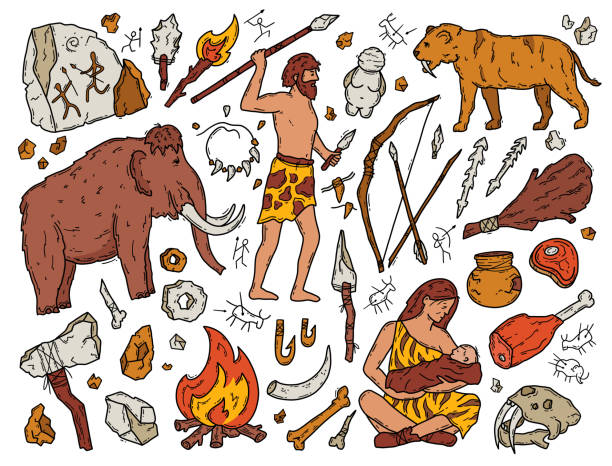 höhlenmenschen und neandertaler in der steinzeit, vektorkritzelei-set - aboriginal art aborigine rock stock-grafiken, -clipart, -cartoons und -symbole