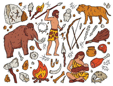 Cavemen and Neanderthals in the Stone Age, vector doodle set. Ancient primitive people hunt mammoths and tigers. Tools and rock paintings. Paleontology and anthropology brown cartoon icons.