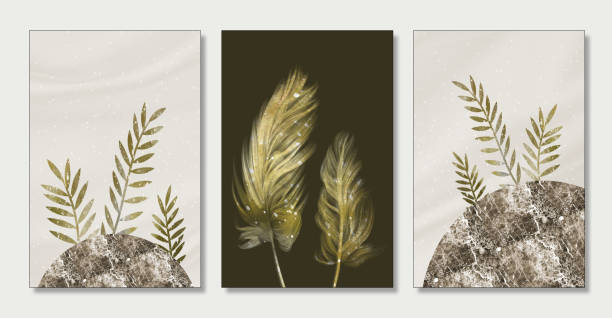 istock 3d drawing art mural modern wall frame. golden feathers and leaves with marble in silky background 1392544774