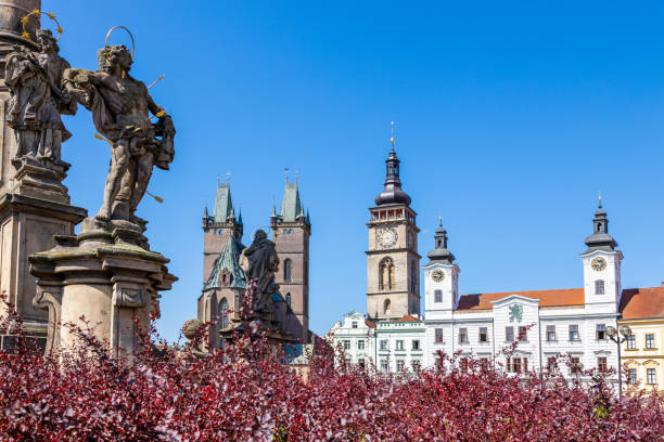 St Spirit church, White tower, town hall and Marian column, Great square, town Hradec Kralove, Czech republic stock photo