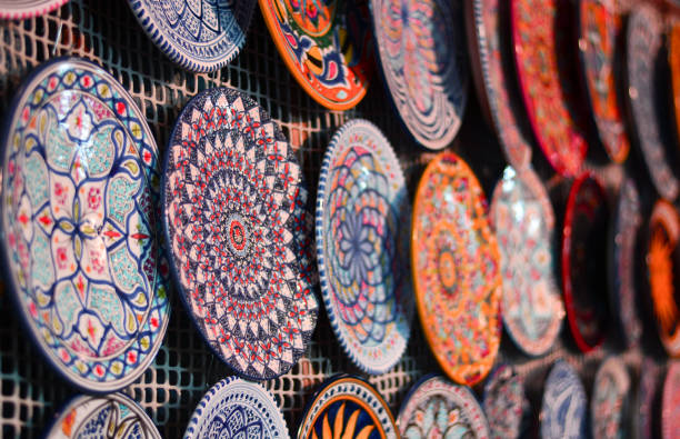splendid plates decorated by hand with vegetable colors in the souk casablanca stock pictures, royalty-free photos & images