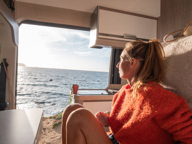 istock Woman in her van looking at ocean 1392545768