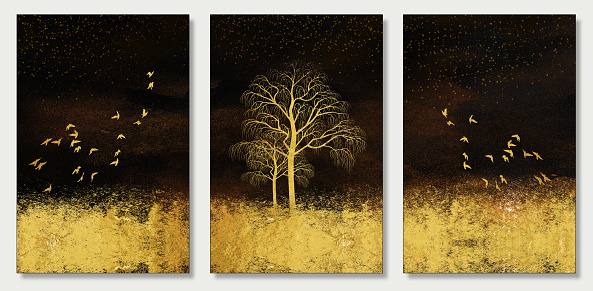 3d wall minimal decor canvas art. golden grass, trees birds in dark background.\nmodern wall frame decor