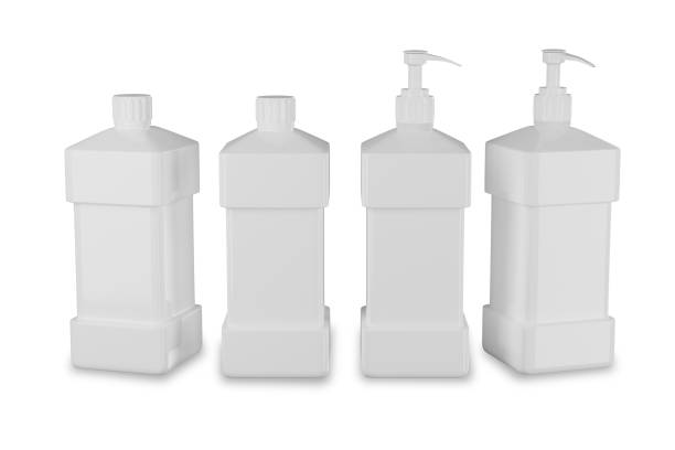 istock Cleaning products white plastic bottles for shampoo or liquid laundry detergent and white pump head, Package 3D mockup isolated 1392547151