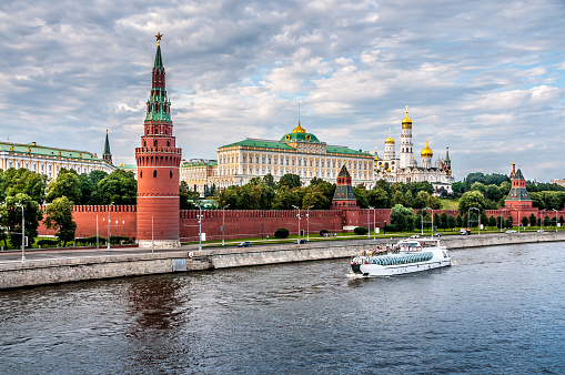Boat Tourism On Moskva River Near Kremlin In Moscow, Russia