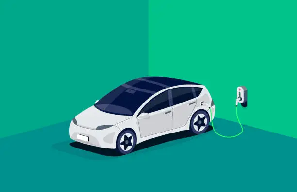 Vector illustration of Electric car charging at home charger wall-box