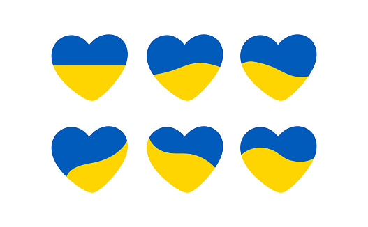 Set of heart shapes in yellow and blue colors of Ukrainian flag. Illustration symbolizing assistance to Ukraine. No war, no conflict.