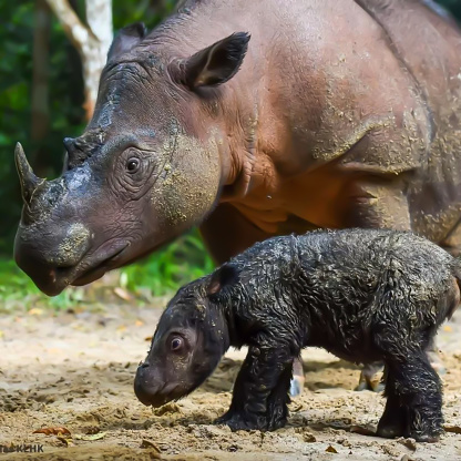 Mother and child of the Sumatran rhino (Dicerorhinus sumatrensis) at the Sumatran Rhino Sanctuary, Way Kambas National Park, Lampung Indonesia