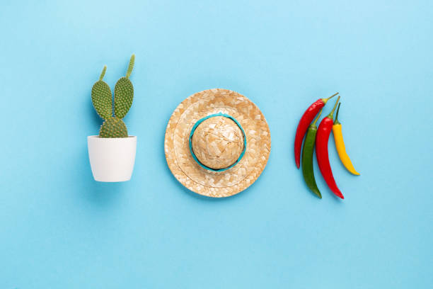 Mexican background fiesta with Traditional Mexican nachos chips, chilli pepper, cactus and sombrero hat on blue background. Cinco de Mayo (Fifth of May) celebration concept. Top view, copy space.