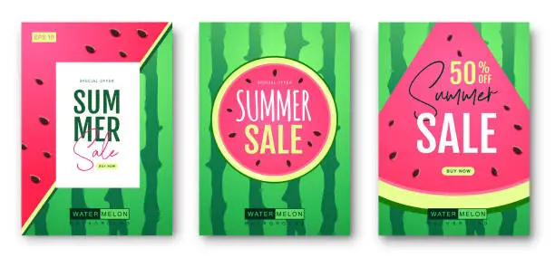 Vector illustration of Set of summer sale banners with watermelon. Watermelon background. Vector illustration