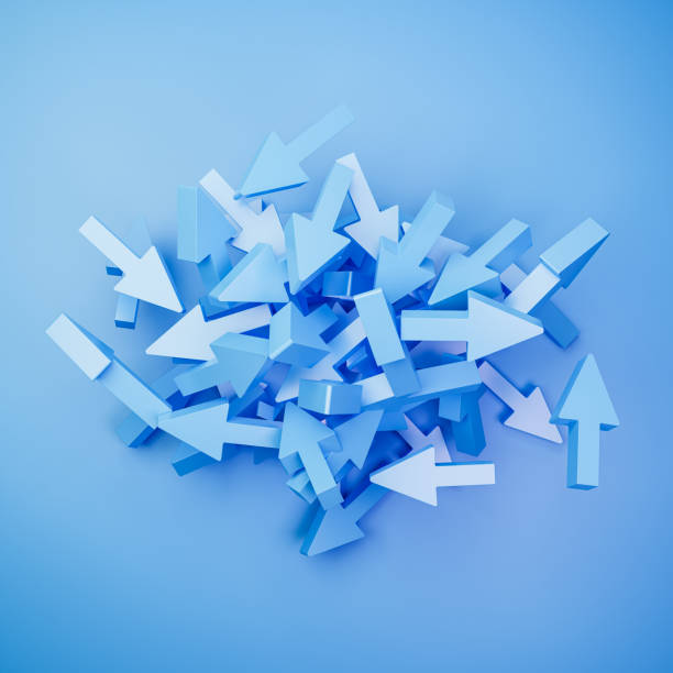 istock Confusion concept. Several blue arrows thrown on a heap and showing into different directions. 1392549877