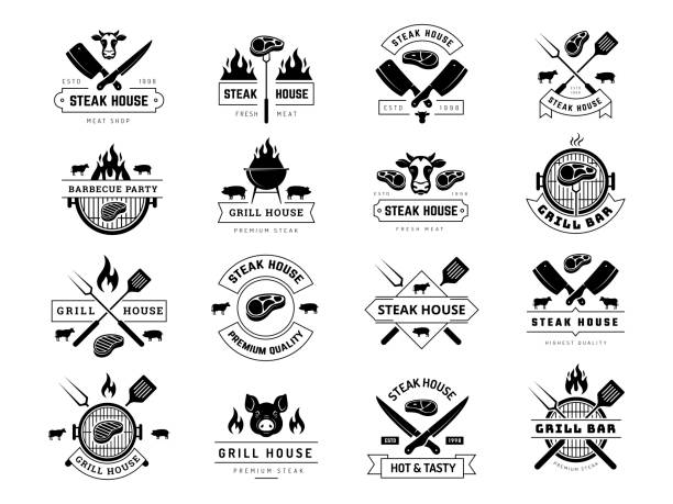 Steakhouse badges. Restaurant menu templates barbeque store logotype recent vector illustrations steak Steakhouse badges. Restaurant menu templates barbeque store logotype recent vector illustrations steak. Badge restaurant grill steak collection celebrity roast stock illustrations