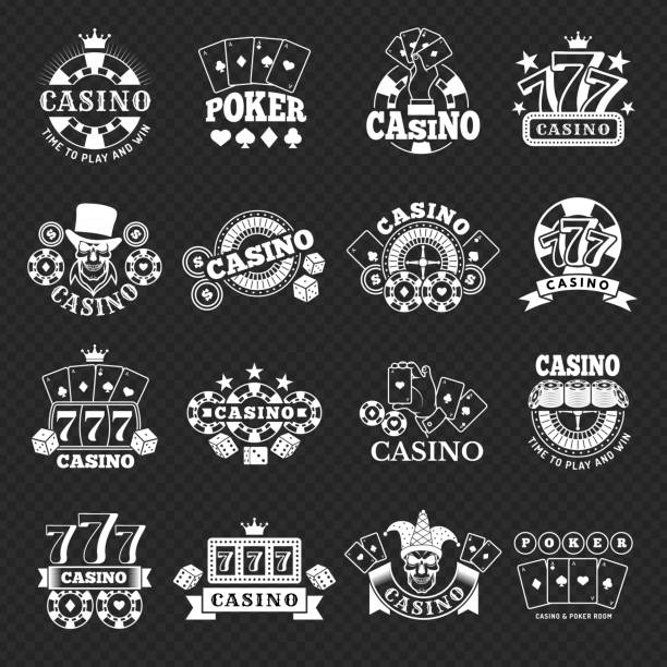 glücksspiel-abzeichen. casino-karten spielautomaten und würfel glücksspiele stilisierte symbole aktuelle vektor monochrome illustrationen set - cards poker gambling chip dice stock-grafiken, -clipart, -cartoons und -symbole