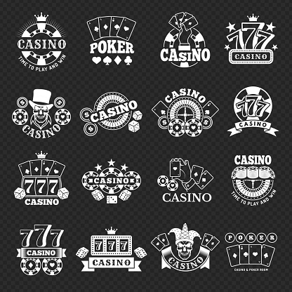 Gambling badges. Casino cards slot machines and dice gambling games stylized symbols recent vector monochrome illustrations set. Gambling logo casino element, game badge