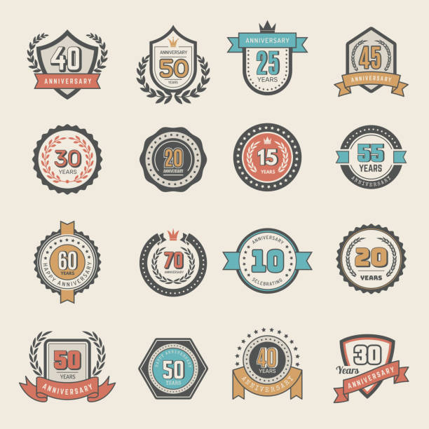 anniversary dates. badges with numbers for celebration dates recent vector emblems collection - badge stock illustrations