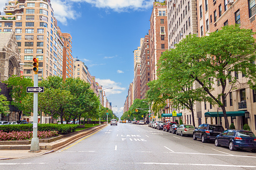 Manhattan Upper East Side, New York City. Image shows Park Avenue and taken at the Intersection of Park Ave. and E 84th street. Wide angle lens.